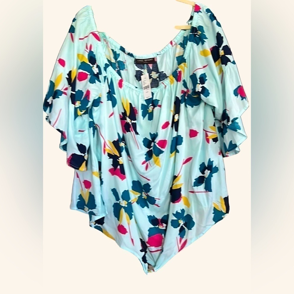 LANE BRYANT Seafoam Blue/Pink/Blue/Turquoise Floral Tie Front Top, Sz 22/24,NWT